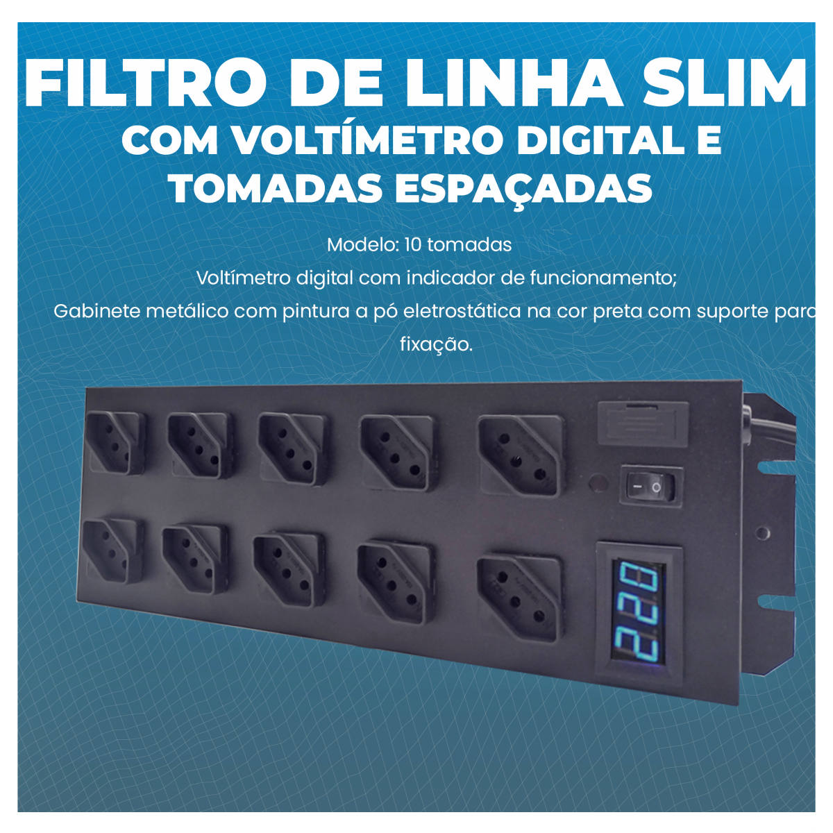 Filtro de Linha com Voltímetro Digital 10 Tomadas Espaçadas 10A Bivolt Metálico Cabo 5 Metros Certificado Emplac F50852