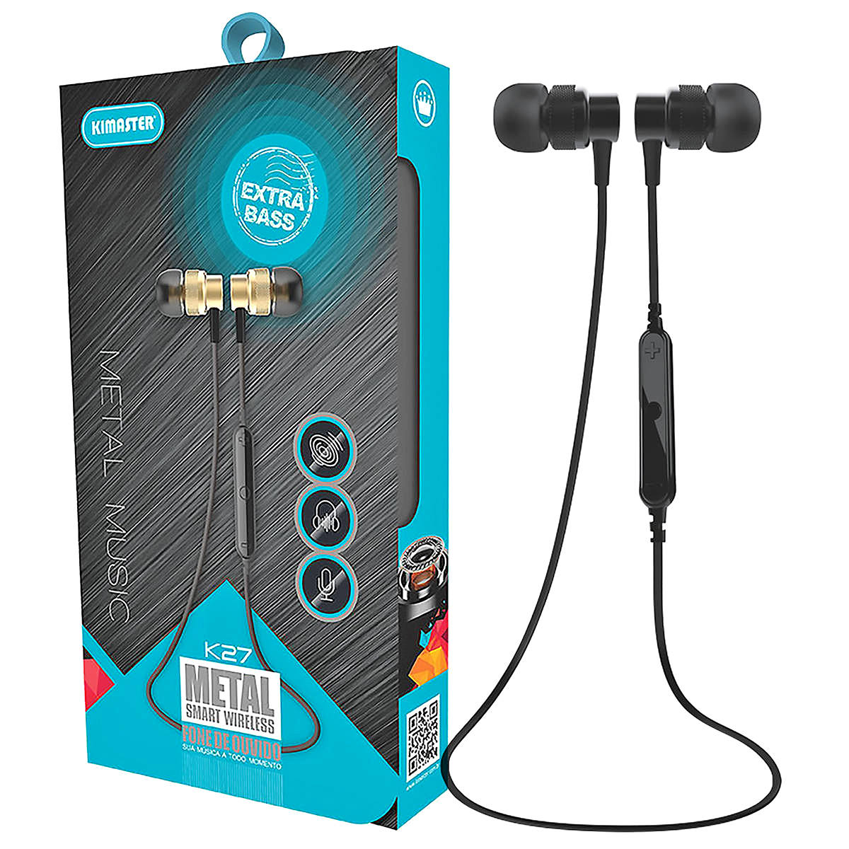 Fone de Ouvido Bluetooth Metal Smart Wireless Extra Bass Microfone Embutido Kimaster K27