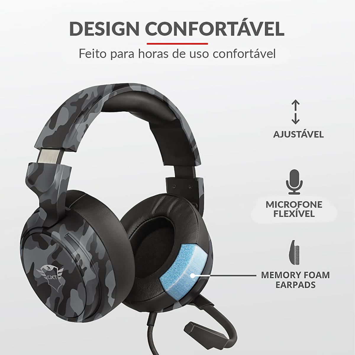 Fone de Ouvido Gamer Multiplataforma Over-Ear Microfone Dobrável Trust GXT 433K Pylo Headset Camo Black