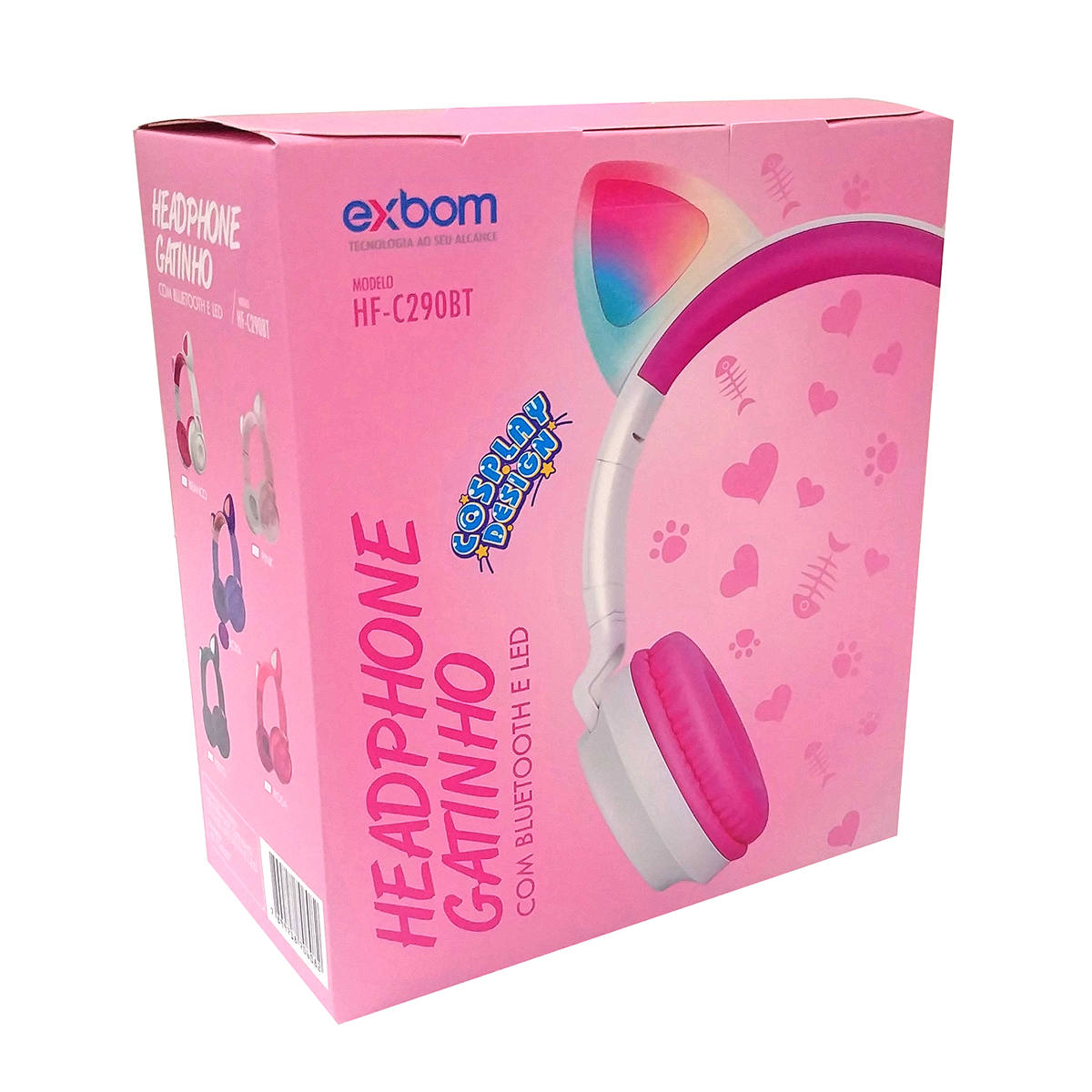 Headphone Gatinho com Bluetooth 5.0 Dobrável Iluminação LED em 8 Cores Microfone Embutido Exbom HF-C290BT Branco