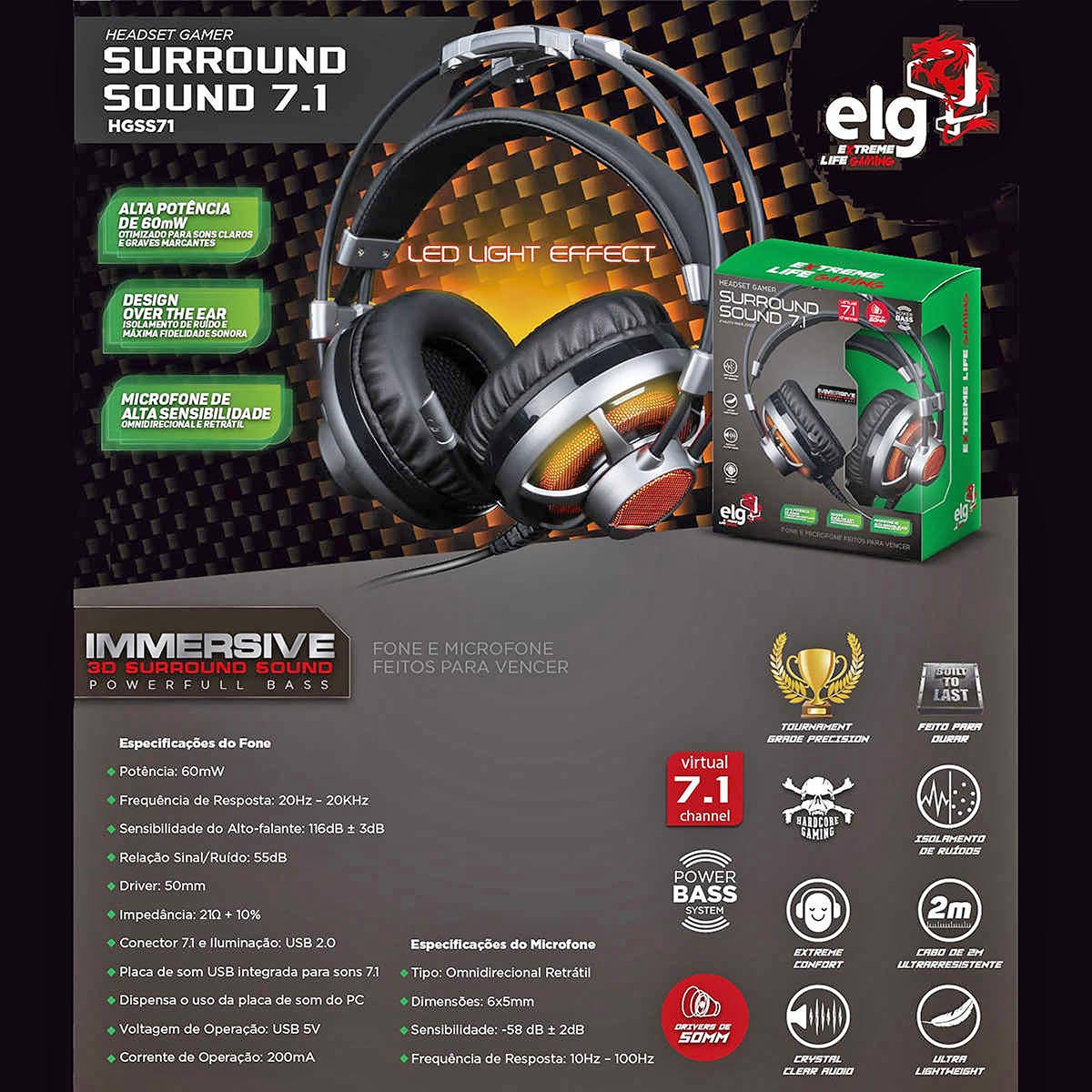 Headset Gamer Extreme 7.1 Surround com Microfone LED Laranja Drivers 50mm Cabo 2,2 Metros para PC PS4 ELG HGSS71