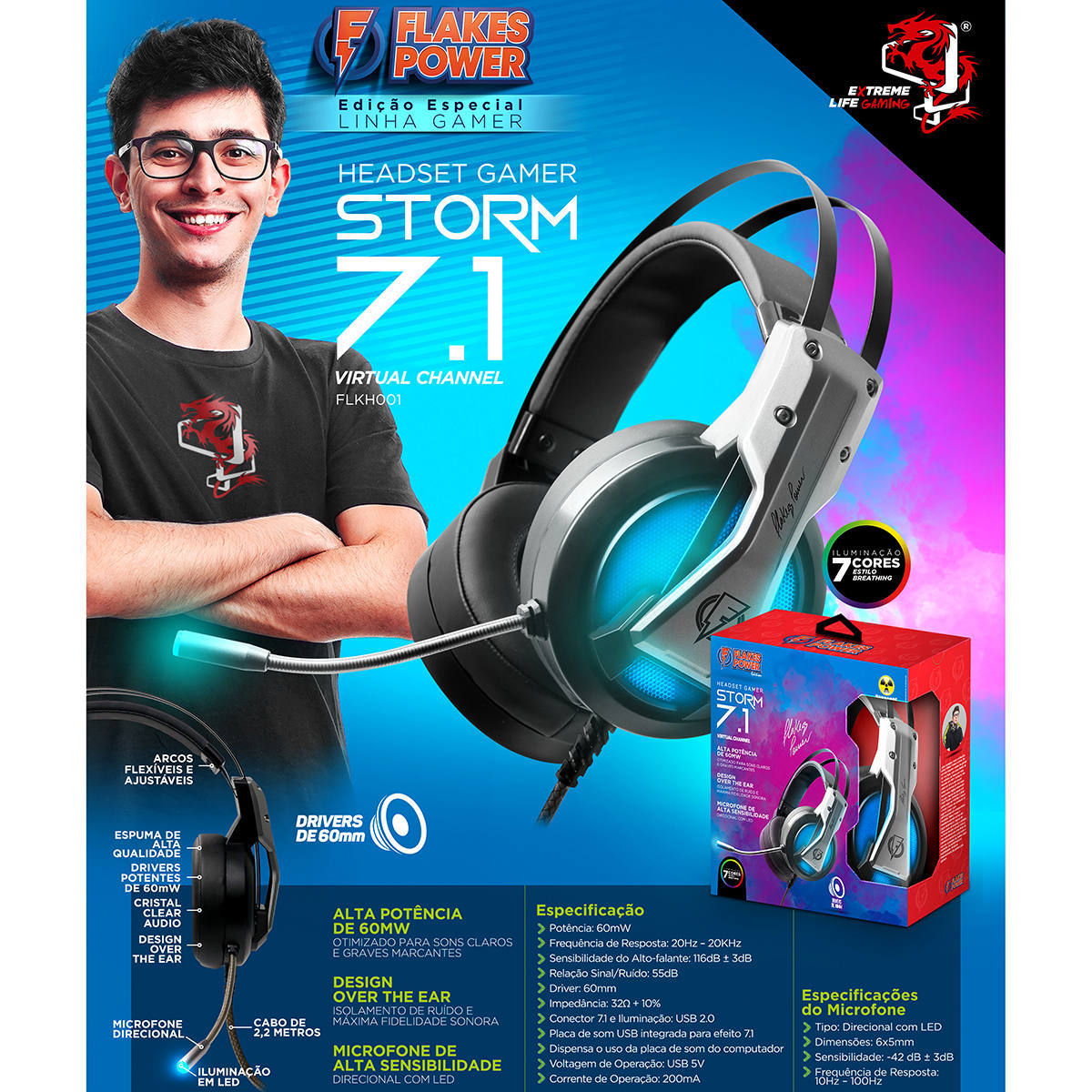 Headset Gamer Flakes Power Storm 7.1 Virtual Channel Com Microfone ELG FLKH001