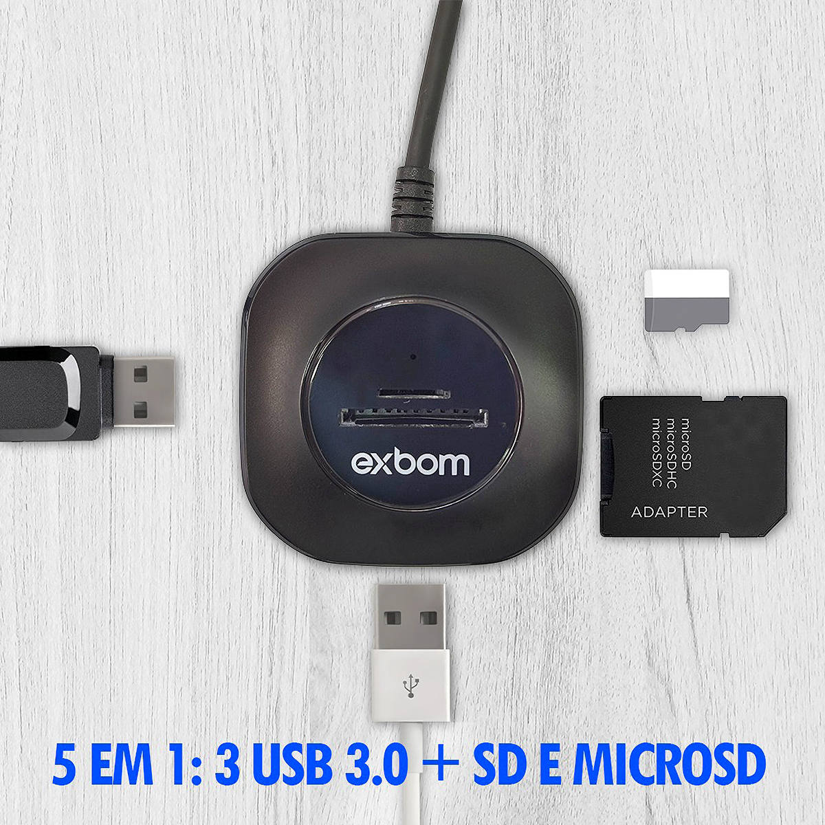 HUB USB 5 em 1 com 3 Portas USB 3.0 + 1 Leitor de Cartão microSD + 1 SD Exbom UH-R33