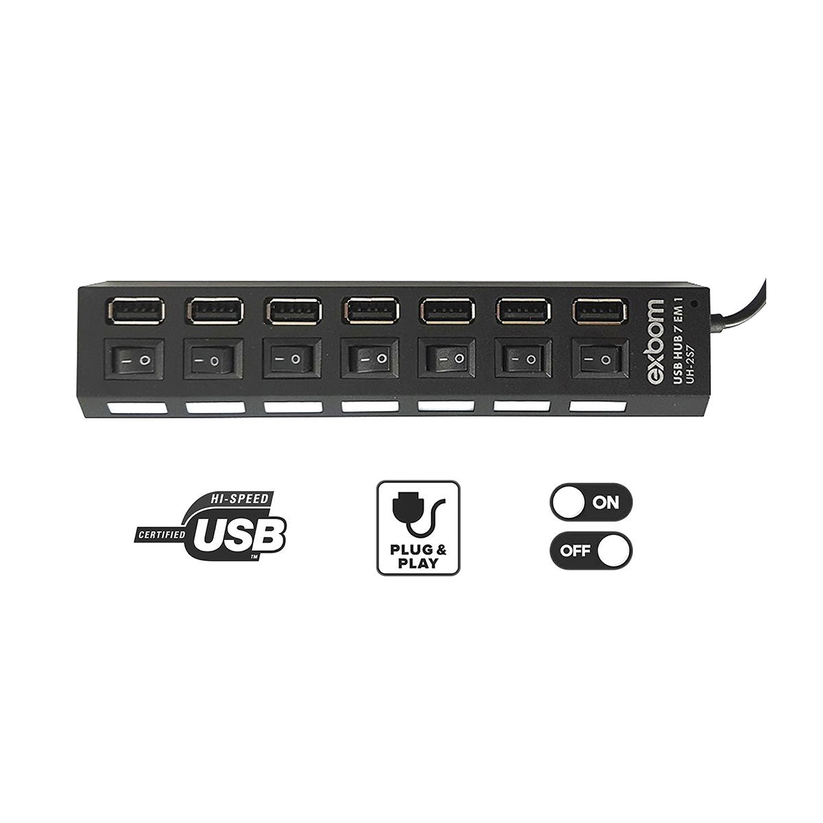Hub USB 7 Portas 2.0 com Botões ON/OFF e LEDs Indicadores Individuais Exbom UH-2S7