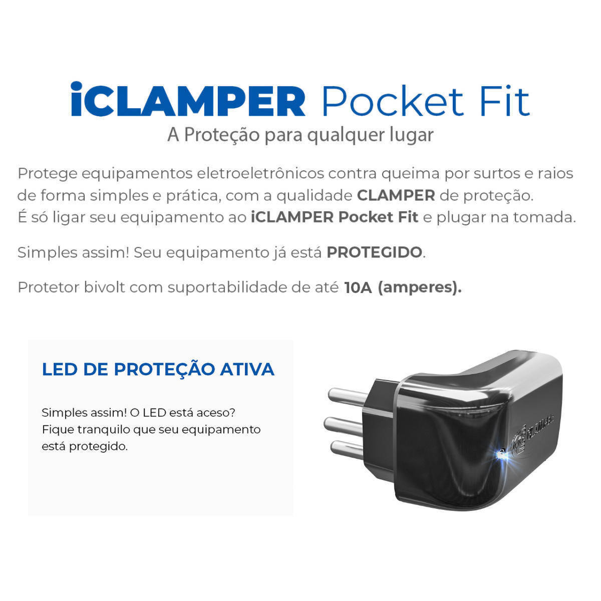 iClamper Pocket Fit 3 Pinos 10A DPS Proteção contra Raios e Surtos Elétricos Mesmo Sem Aterramento Clamper Preto