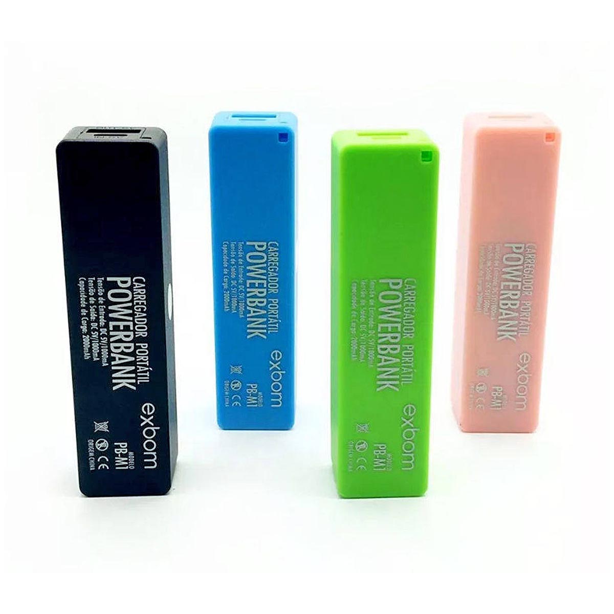 Kit Colorido com 4 Power Bank de Bolso 2000mAh Bateria Portátil Exbom PB-M1 Preta Rosa Verde Azul