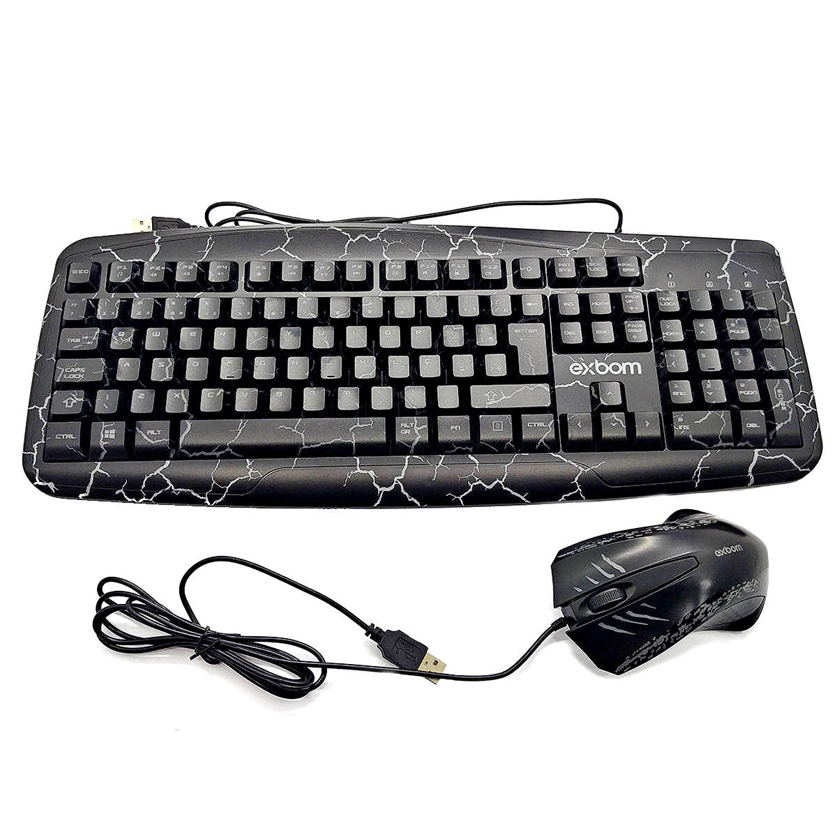Kit Gaming Teclado com Mouse USB Iluminação LED RGB Efeito Crackeado Padrão ABNT2 Exbom BK-G600