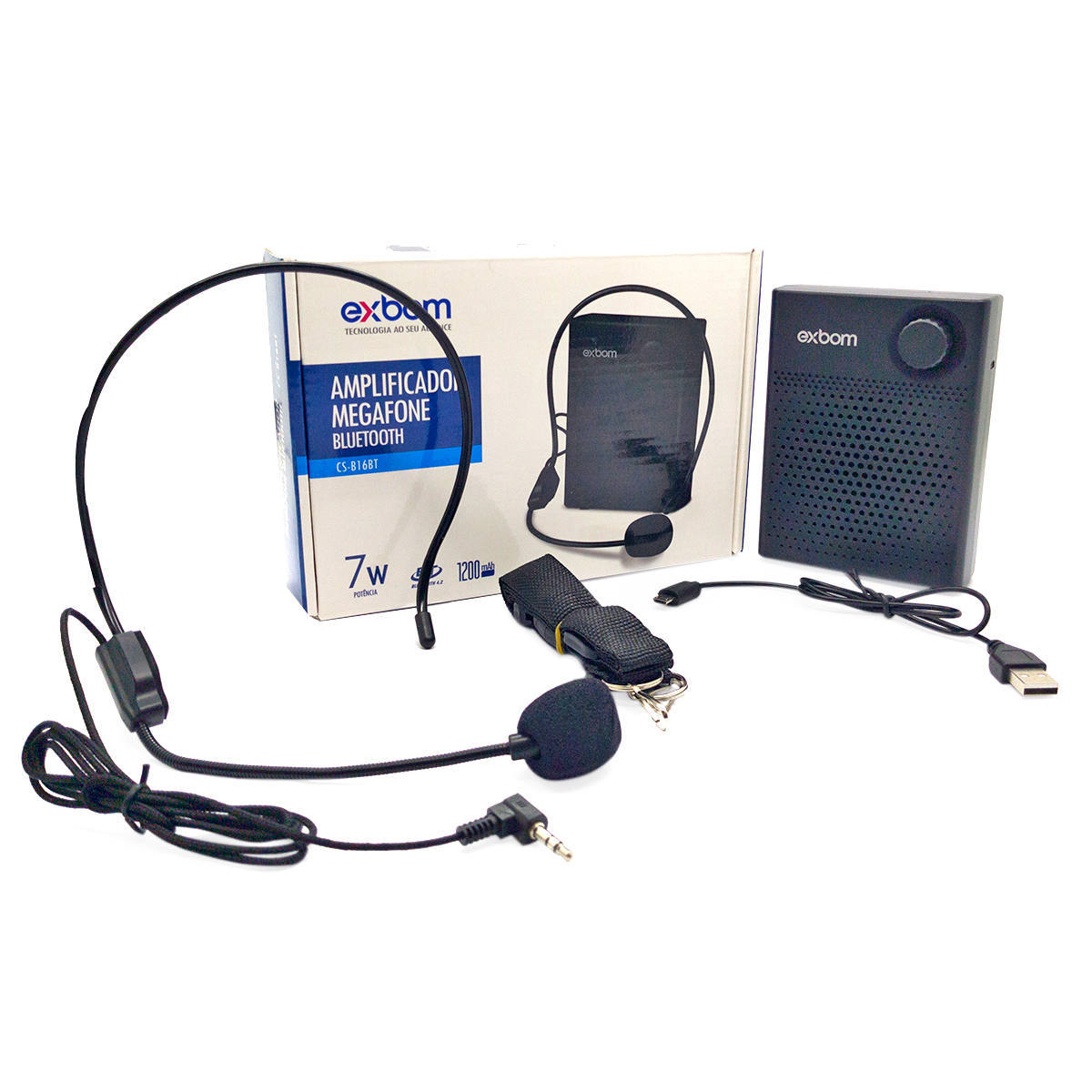 Megafone Amplificador Bluetooth com Headset 7W Bateria 1200mAh Recarregável Alça de Ombro Exbom CS-B16BT Preto
