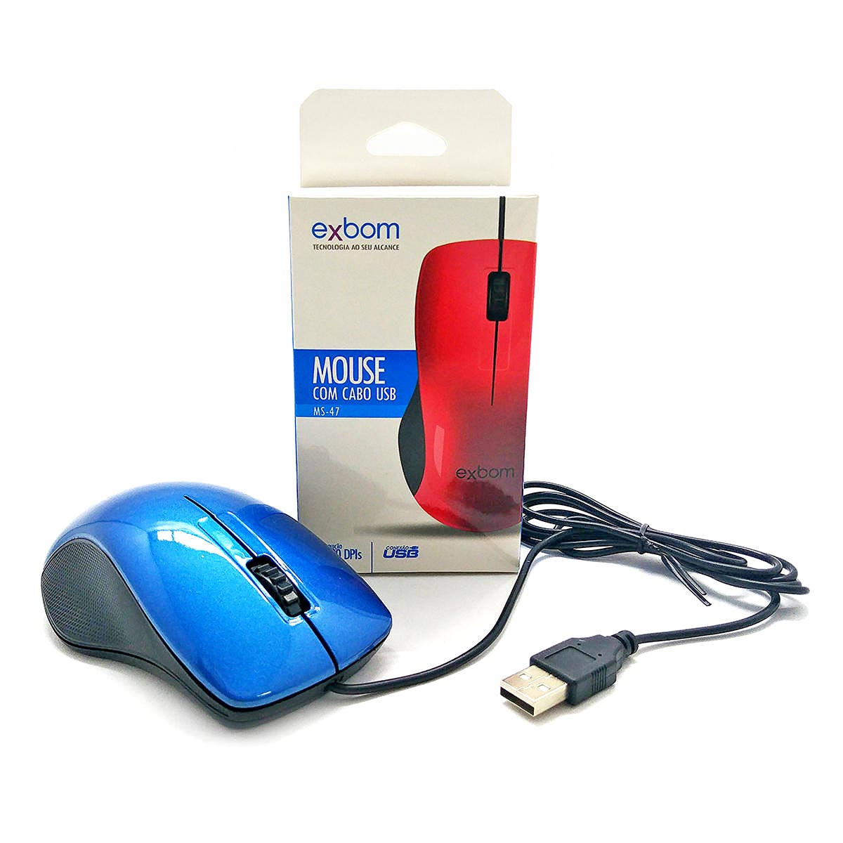 Mouse com cabo USB 1000DPIs Exbom MS-47 Azul com Acabamento Brilhante