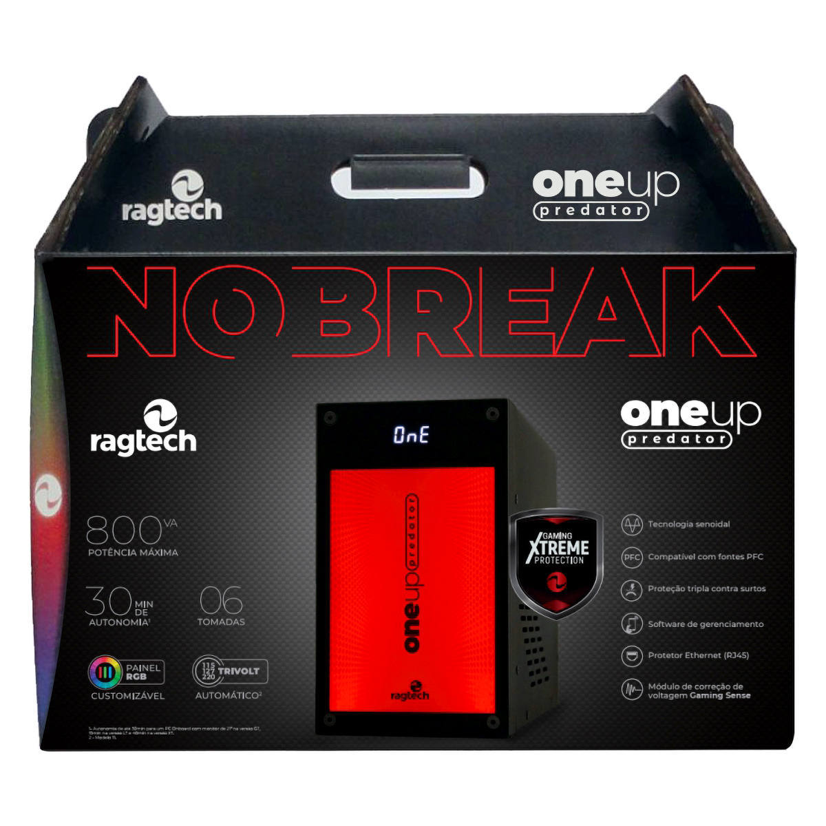 Nobreak Gamer One Up Predator 800VA 560W Senoidal Pura Proteção Tripla + Ethernet RJ45 para Videogame Console PC Ragtech