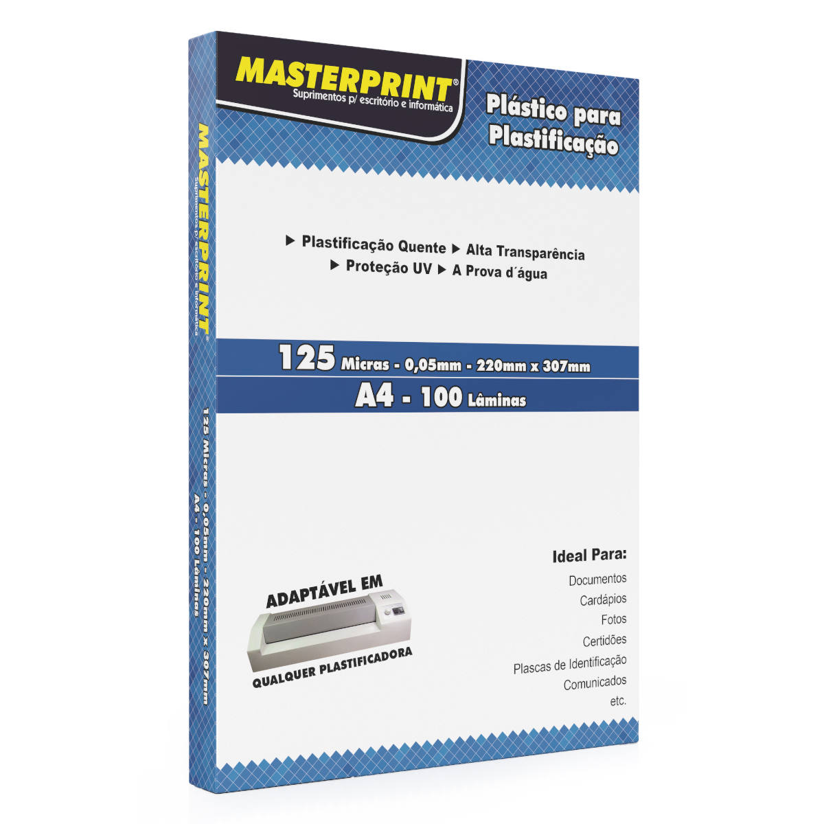Plástico para Plastificação A4 220x307mm 125 micras 0,05mm Polaseal Pouch Film Masterprint Pacote com 100 lâminas
