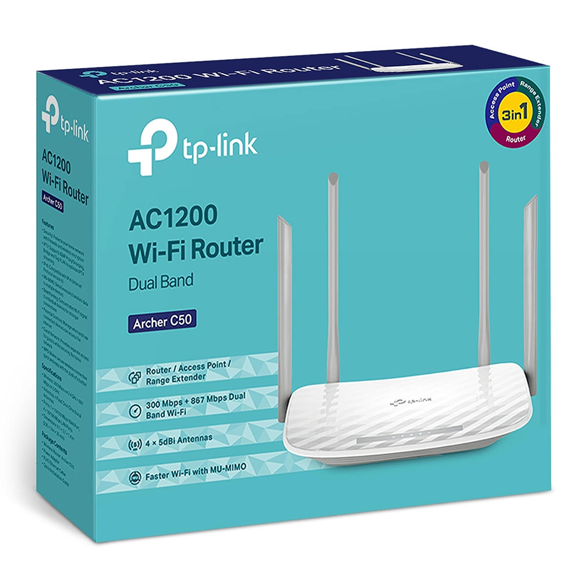 Roteador Wireless AC1200 TP-Link Archer C50 Dual Band Wi-Fi 867 Mbps + 300 Mbps 4 Antenas Multi-Modo 3 em 1