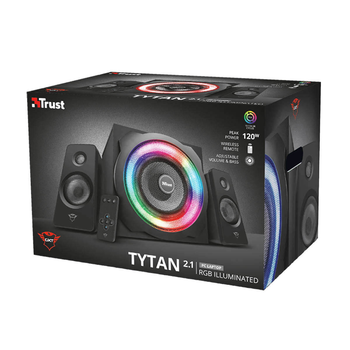 Speaker Set GXT 629 Tytan RGB com Controle Remoto Iluminação RGB Pulsante Caixa de Som 2.1 Trust Intensa e Potente