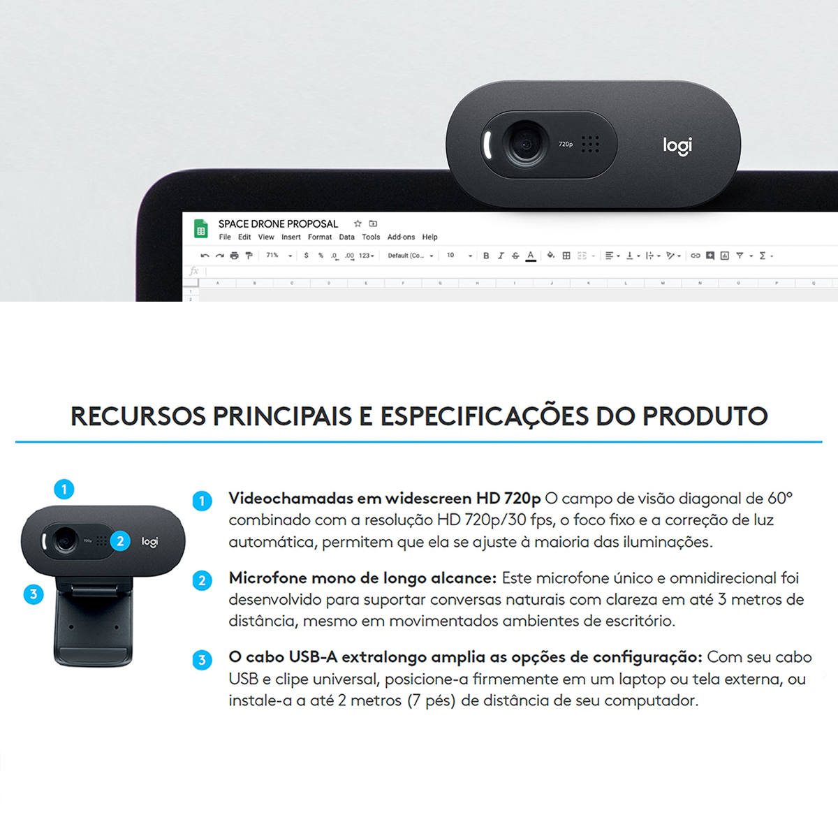 Webcam Profissional Logitech C505e HD Business 720p 30fps Microfone de Longo Alcance 960-001372