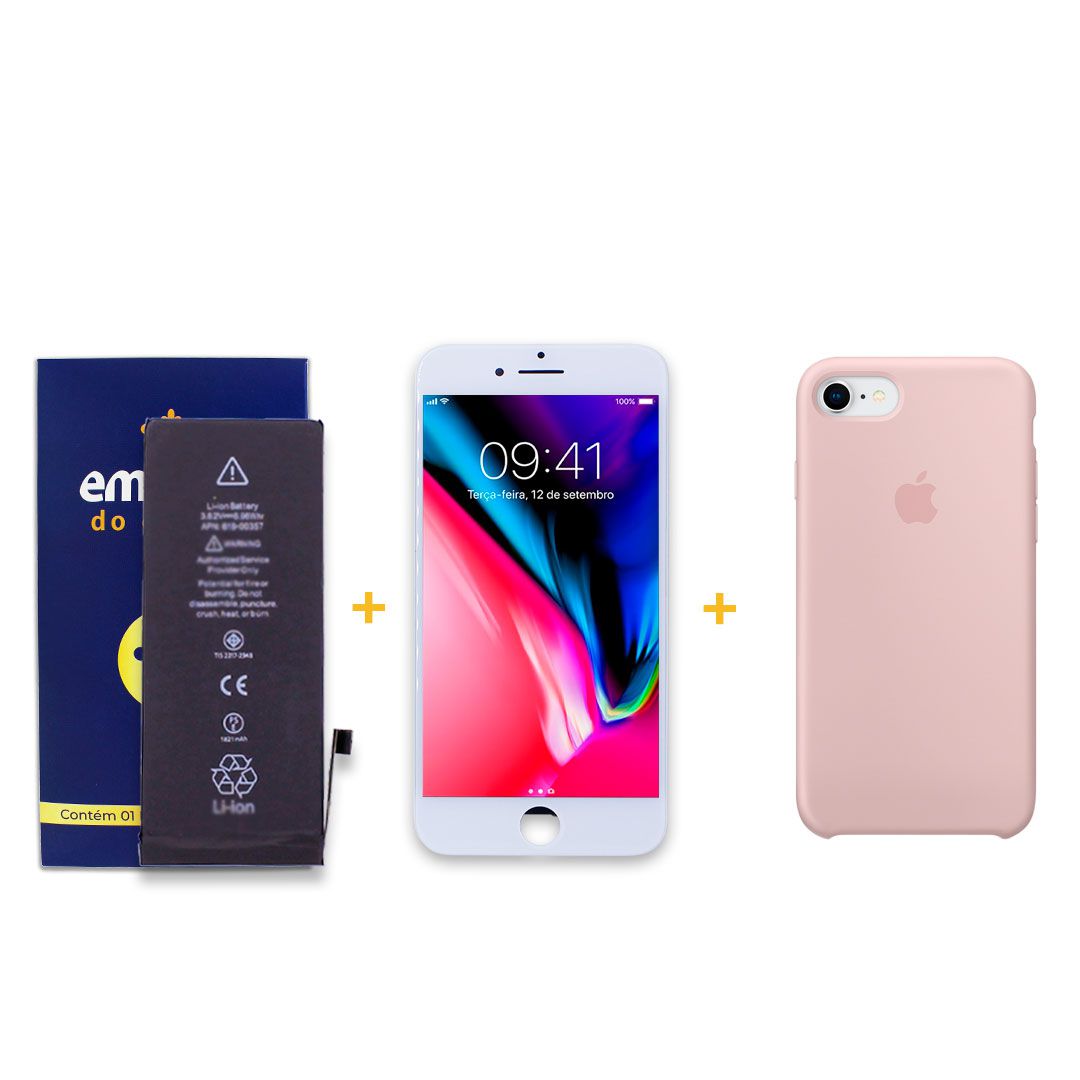 Kit Tela Display iPhone 8 Premium Branco + Bateria + Capa Apple Rosa