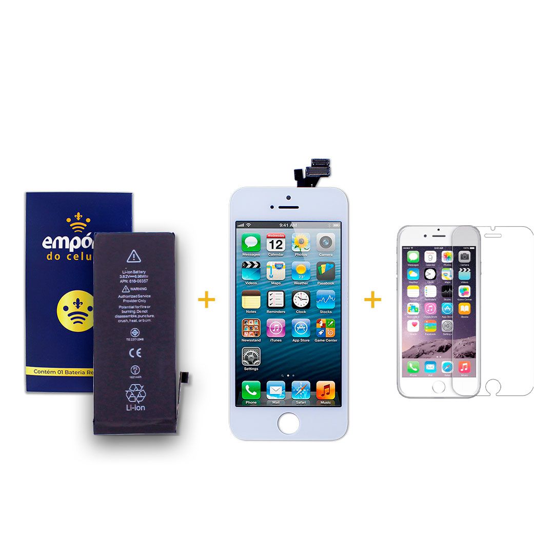 Kit Tela Display iPhone 5 Premium Branco + Bateria + Película