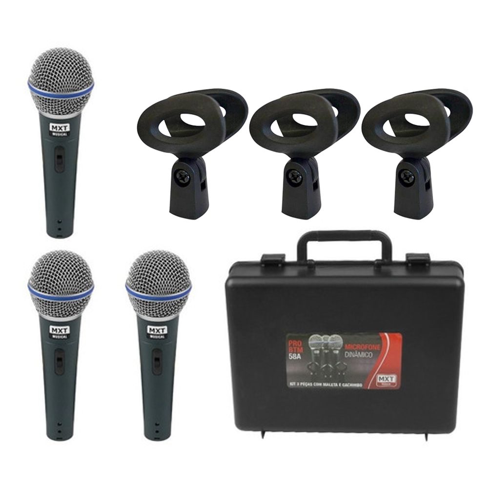 Kit com 3 Microfone Dinâmico MXT BTM-58A c/ maleta e cachimbo