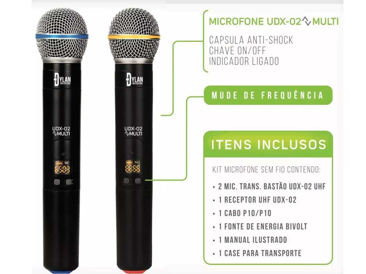 Microfone Sem Fio Duplo UHF - Dylan UDX-02 Multi