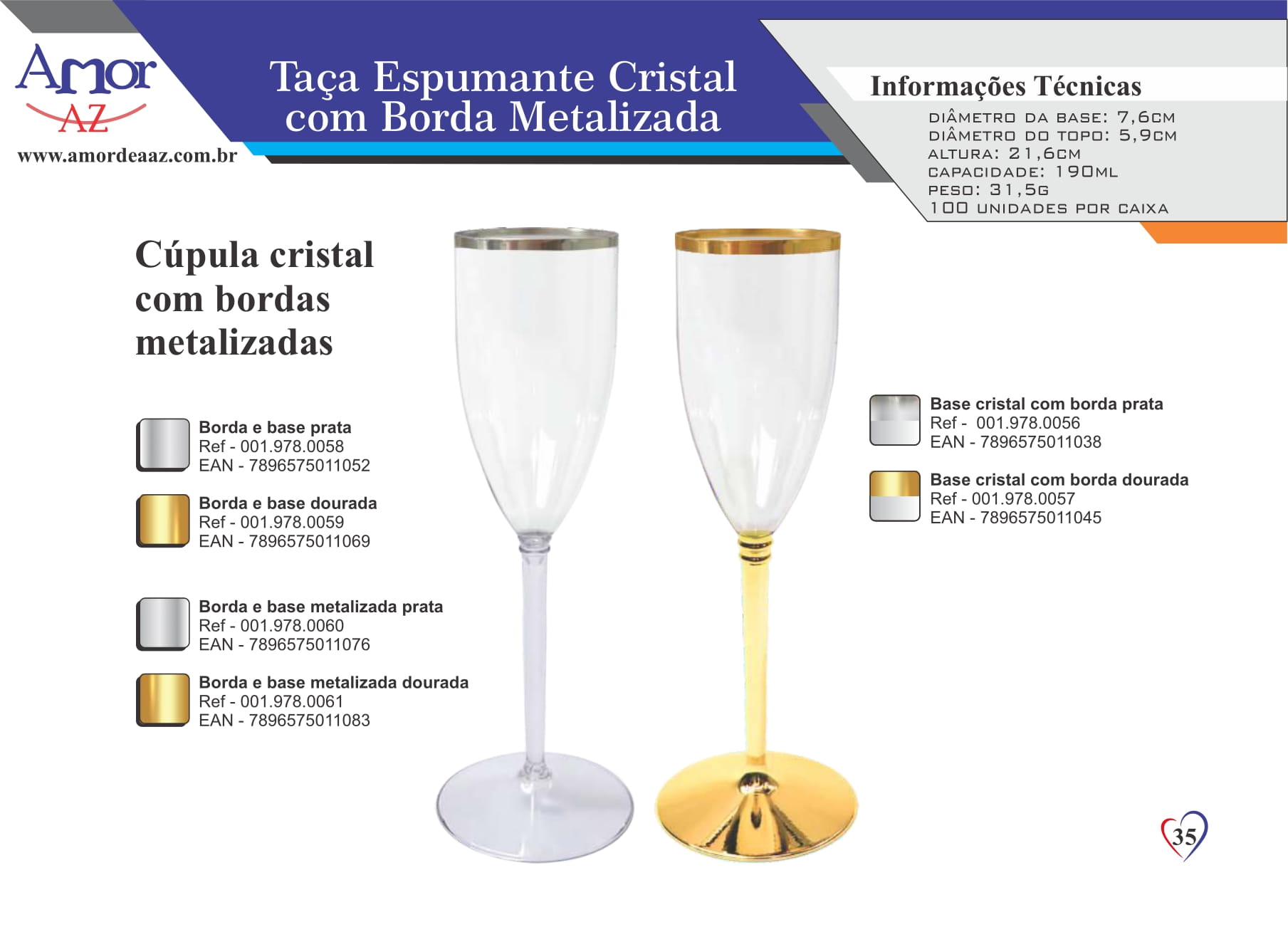 Taça Espumante Cristal c/ Borda e Base metalizada  - AMOR DE A A Z COMERCIO DE EMBALAGENS LTDA