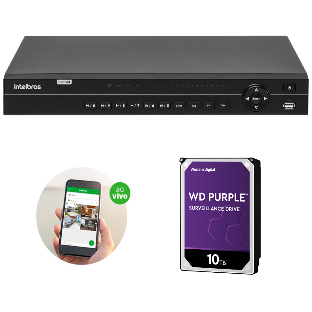 Gravador Digital DVR 32 Canais 2MP Multi HD Inteligência Vídeo MHDX 1232 + HD 10 Tera Purple Intelbras
