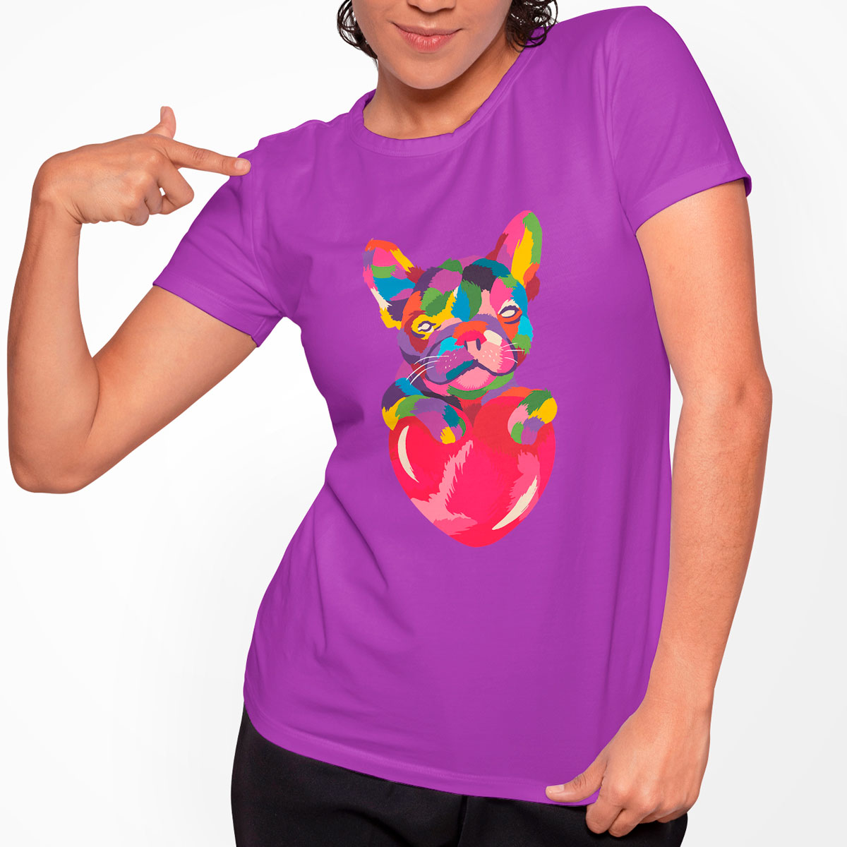 Camiseta Geek Feminina Bulldog Colorido Coração Amor 6 Cores