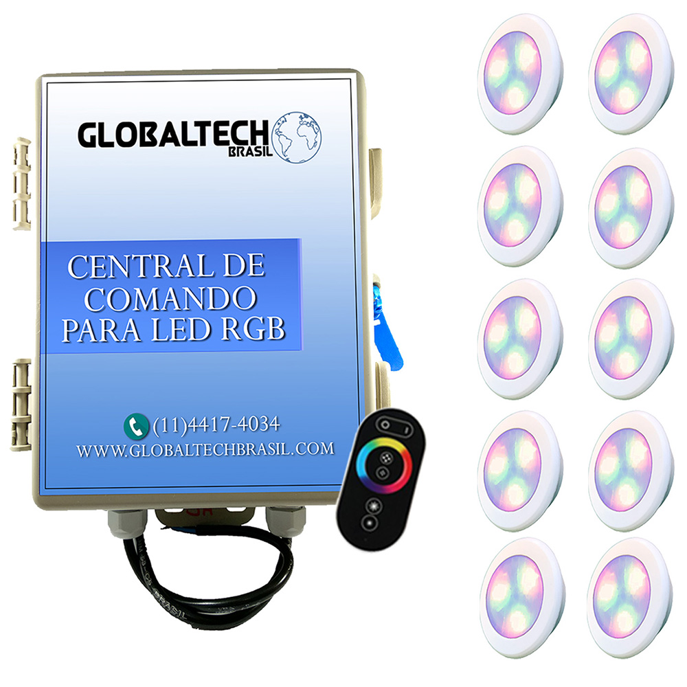 Kit 10 Led Piscina RGB 6W ABS Divina Lux + Central + Controle