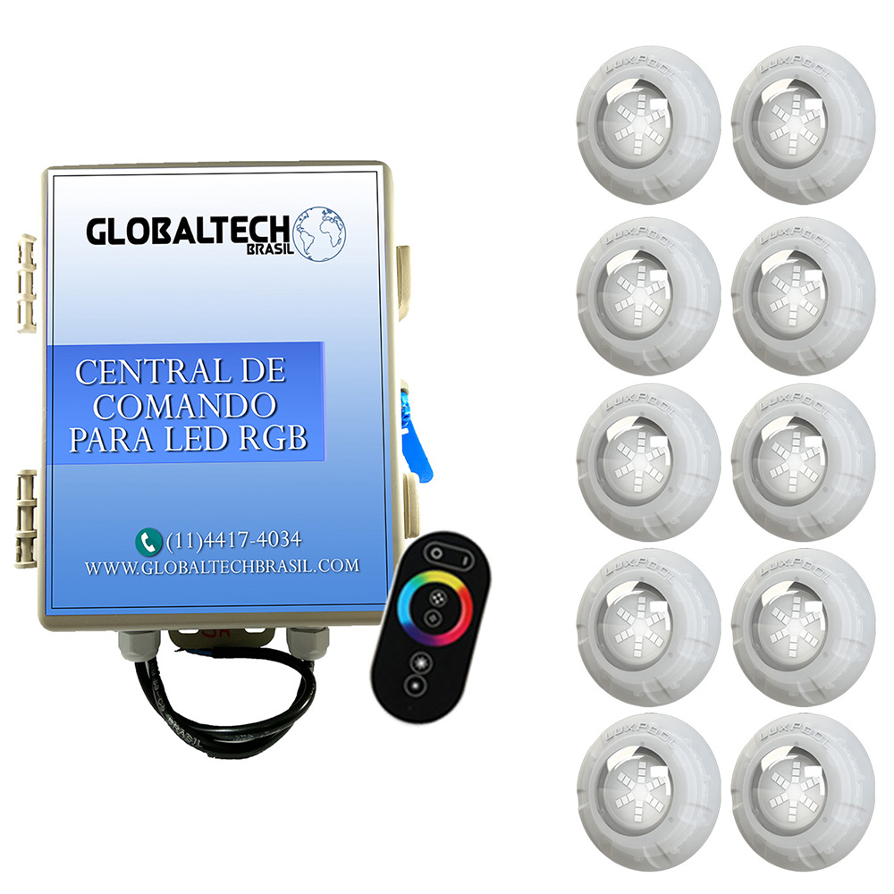 Kit 10 Led Piscina RGB 9W + Central + Controle Touch - Luxpool