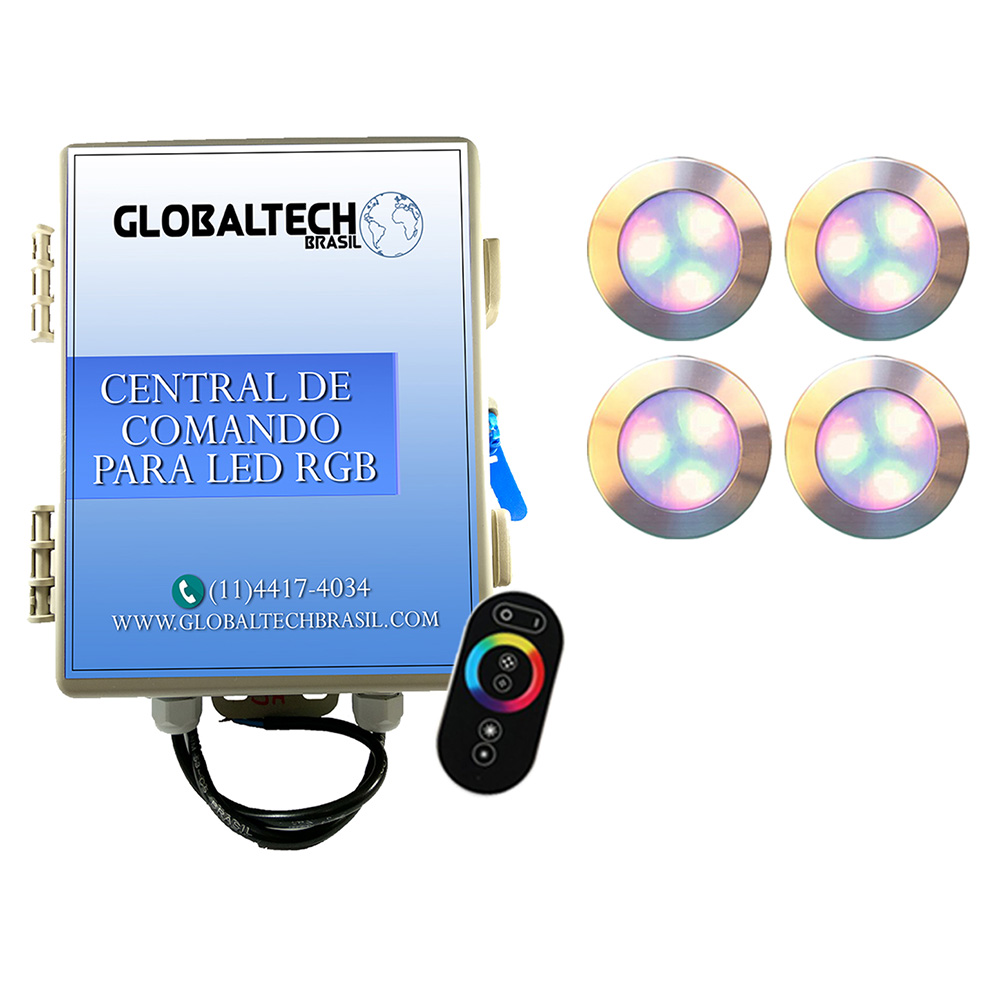 Kit 4 Led Piscina RGB 12W Inox Divina Lux + Central + Controle