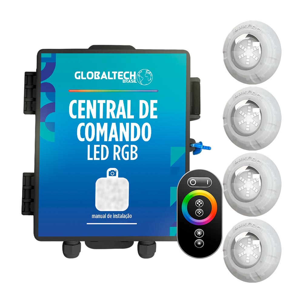 Kit 4 Led Piscina RGB 9W + Central + Controle Touch - Luxpool