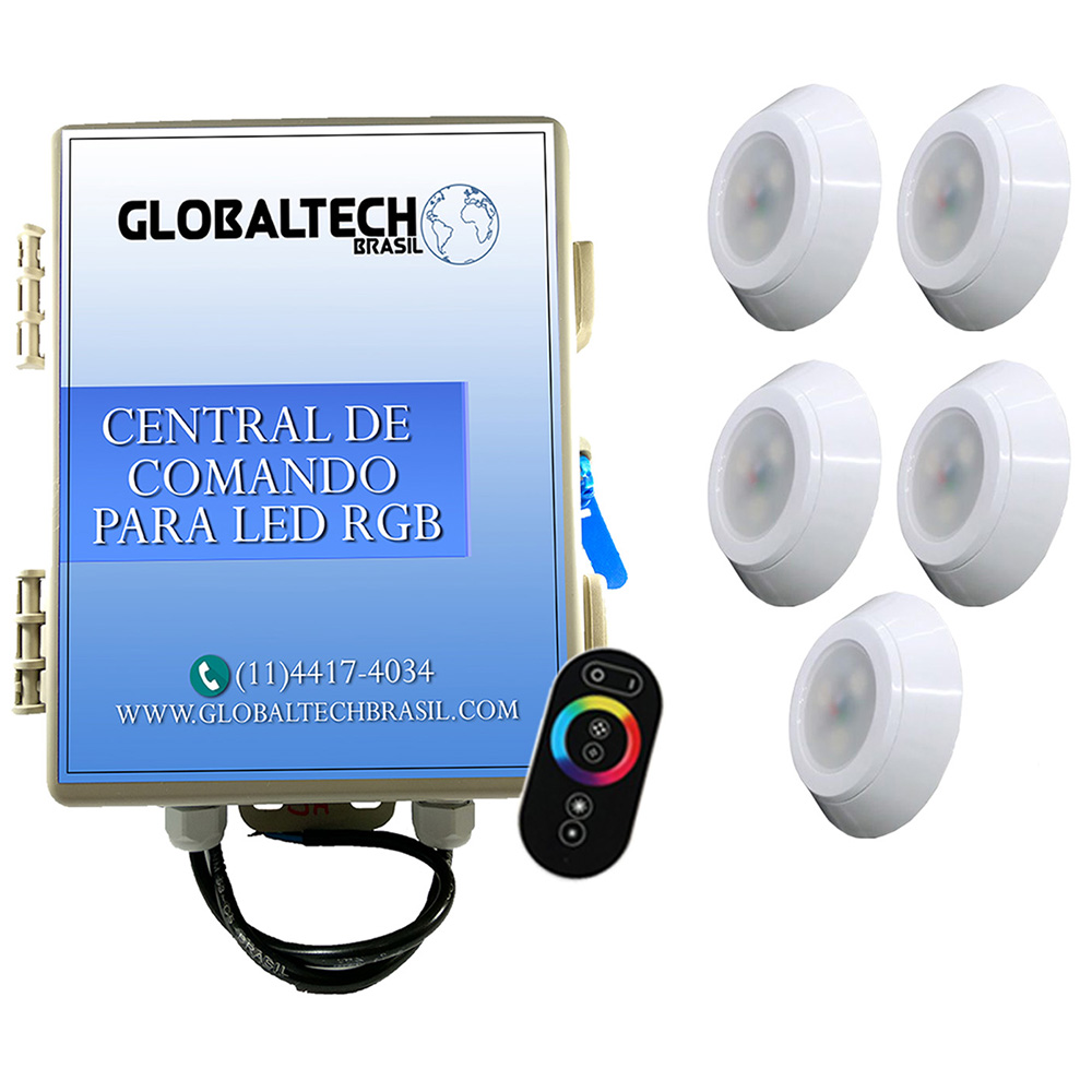 Kit 5 Led Piscina RGB 9W ABS Divina Lux + Central + Controle