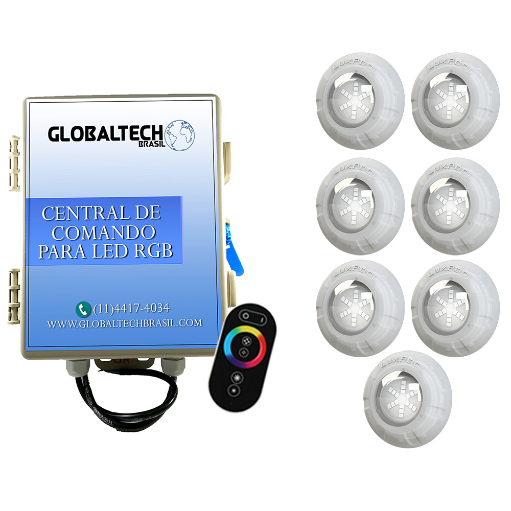 Kit 7 Led Piscina RGB 9W + Central + Controle Touch - Luxpool
