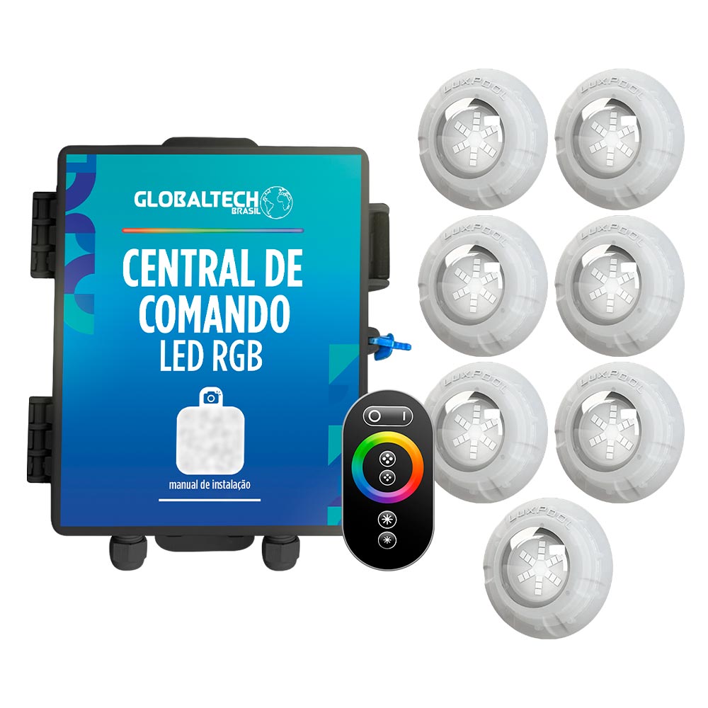 Kit 7 Led Piscina RGB 9W + Central + Controle Touch - Luxpool