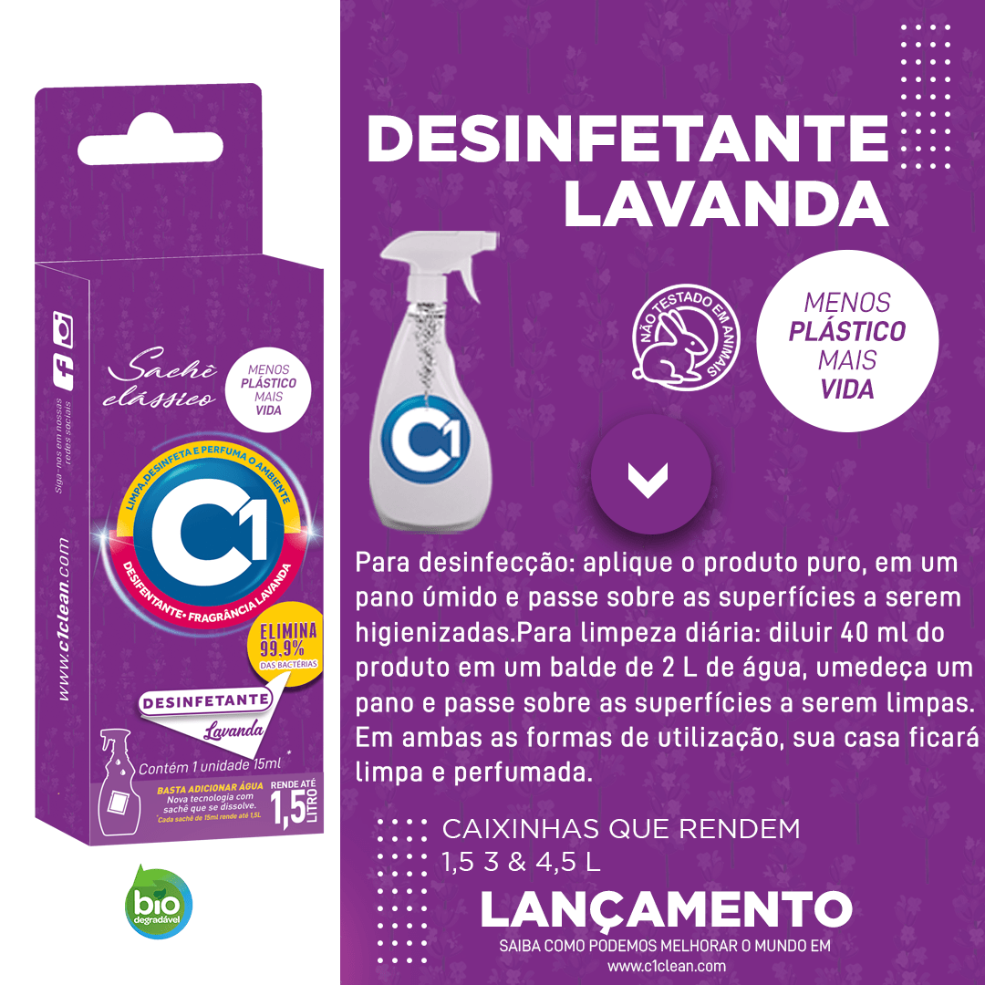 Desinfetante Lavanda Sachê De Limpeza Perfumada Rende 1,5L
