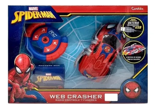 Carrinho Controle Remoto Spider Man Web Crasher  Bateria Recarregavel  Função Defesa Aciona C/ Colisões -  Candide