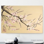 Quadro Estilo Japonês Sakura Flor de Cerejeira Pintado à Mão 60x40 cm / Decoração Oriental