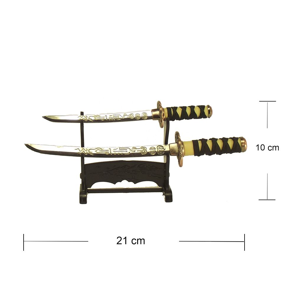 Espada Conjunto 2 Katana Miniatura Abridor de Carta c/ Suporte 21 x 10 cm