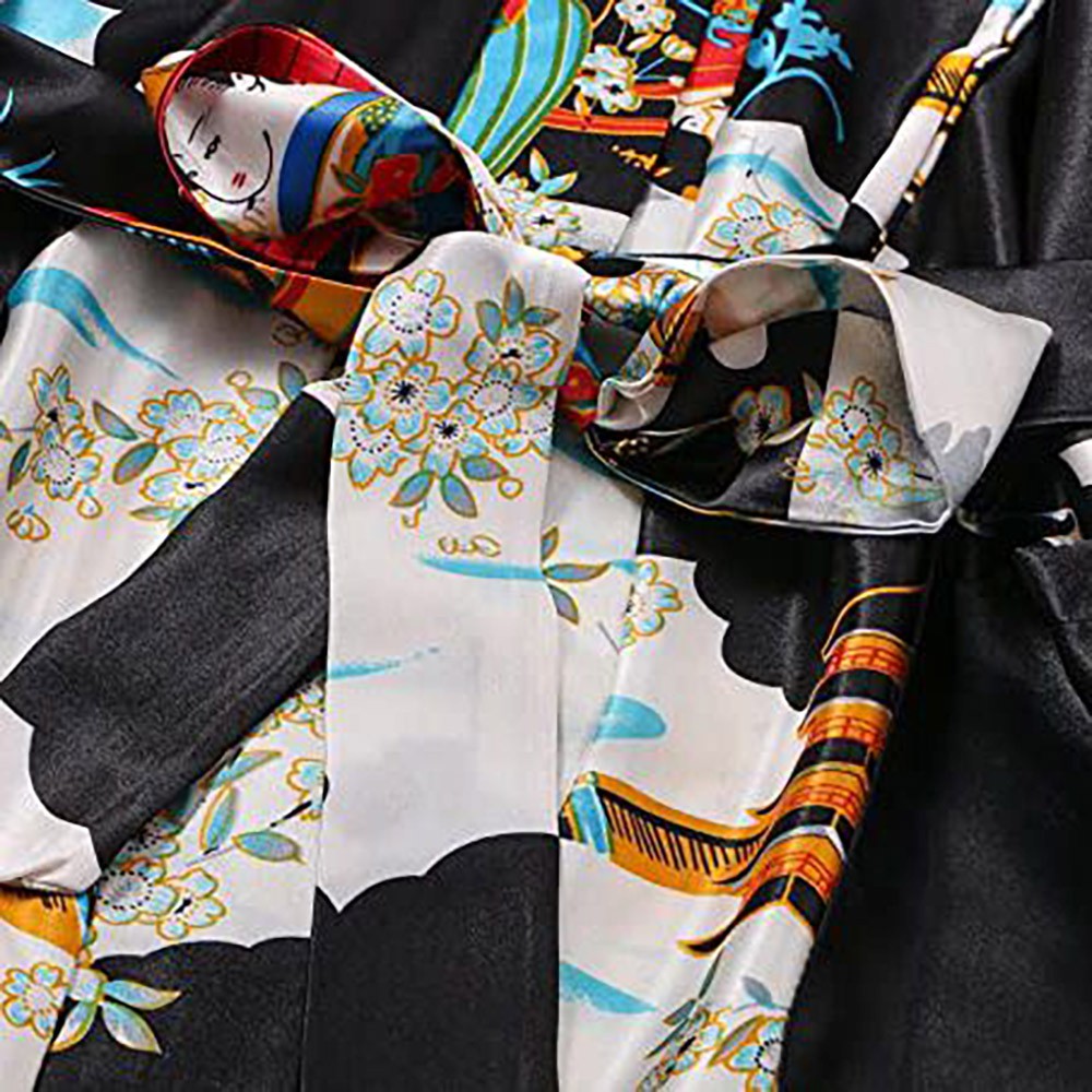 Kimono Longo Estampa de Gueixa, Cetim de Alta Qualidade Suave ao Toque, Elegante Robe Casual