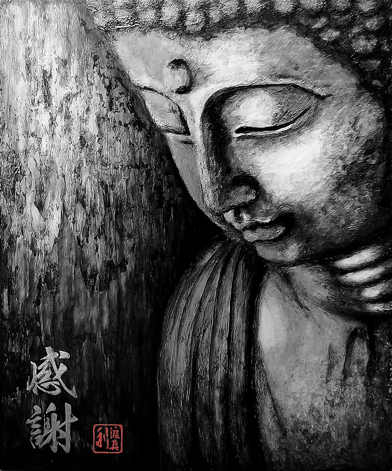 Quadro Buda Gratidão Black Acrílico sobre tela Pintado à Mão 100 x 80 cm / Feng Shui, Decoração Oriental, Arte, Estampa Japonesa, Pintura Artesanal