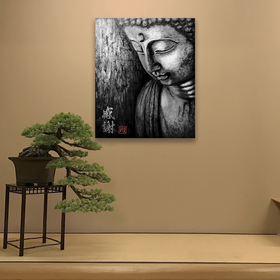 Quadro Buda Gratidão Black Acrílico sobre tela Pintado à Mão 100 x 80 cm / Feng Shui, Decoração Oriental, Arte, Estampa Japonesa, Pintura Artesanal