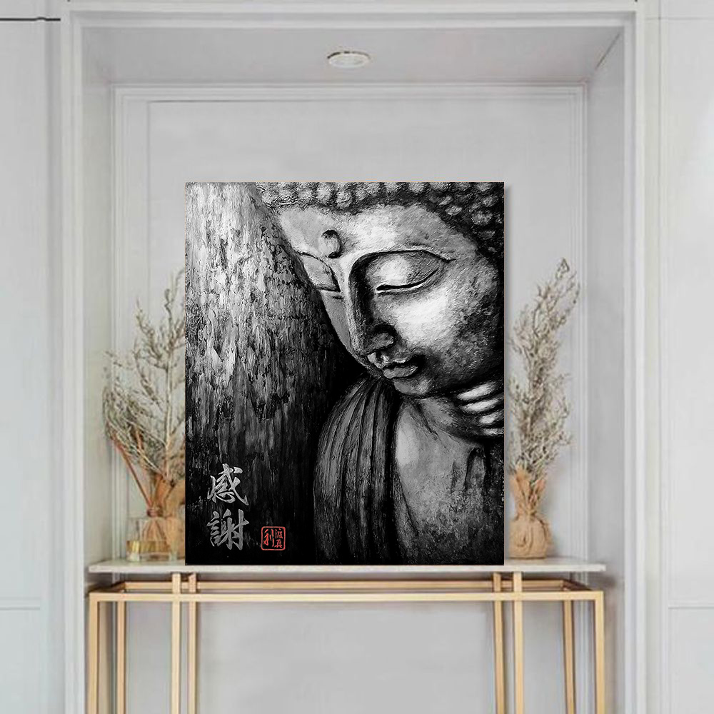 Quadro Buda Gratidão Black Acrílico sobre tela Pintado à Mão 60x50 cm / Zen, Feng Shui, Decoração Oriental, Arte, Estampa Japonesa, Pintura Artesanal