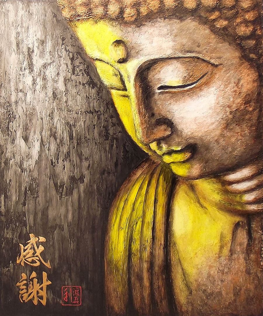 Quadro Buda Gratidão Acrílico sobre tela Pintado à Mão 60x50 cm / Zen, Feng Shui, Decoração Oriental, Arte, Estampa Japonesa, Pintura Artesanal