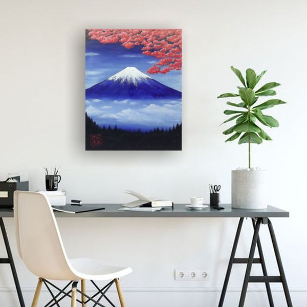 Quadro Estilo Japonês Monte Fuji Sakura Pintado à Mão 50x40cm / Decoração Oriental, Arte, Estampa Japonesa, Fujiyama