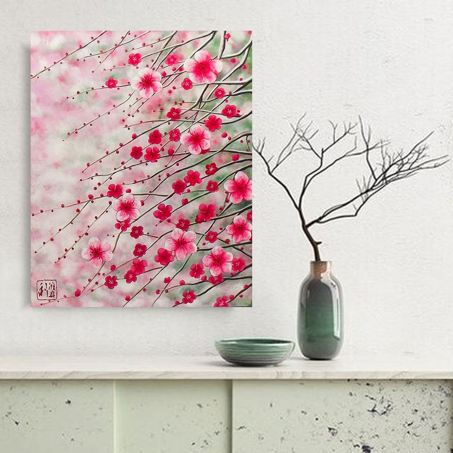 Quadro Estilo Japonês Sakura Flor de Cerejeira Pintado à Mão 50x40 / Decoração Oriental, Arte, Estampa Japonesa