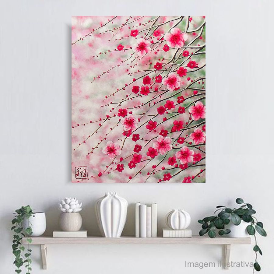 Quadro Estilo Japonês Sakura Flor de Cerejeira Pintado à Mão 50x40 / Decoração Oriental, Arte, Estampa Japonesa