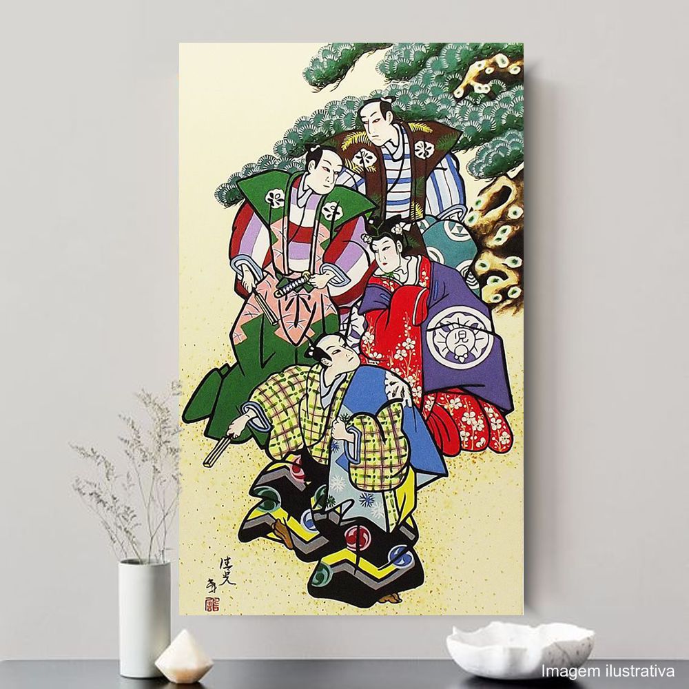 Quadro Estilo Japonês Ukiyo-e Gueixa e Samurais Pintado à Mão 50x30cm / Decoração Oriental, Arte, Estampa Japonesa, Pintura Artesanal   