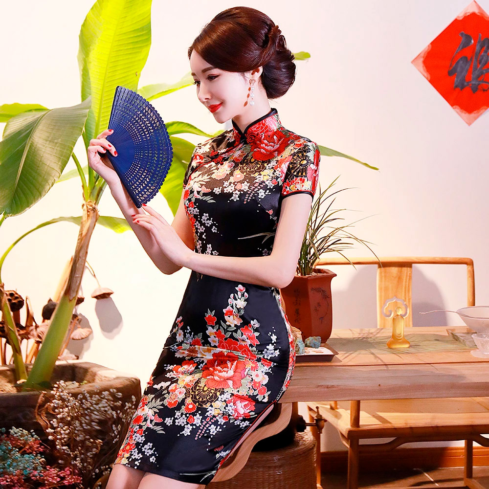 Vestido Chinês Estampado Floral Oriental
