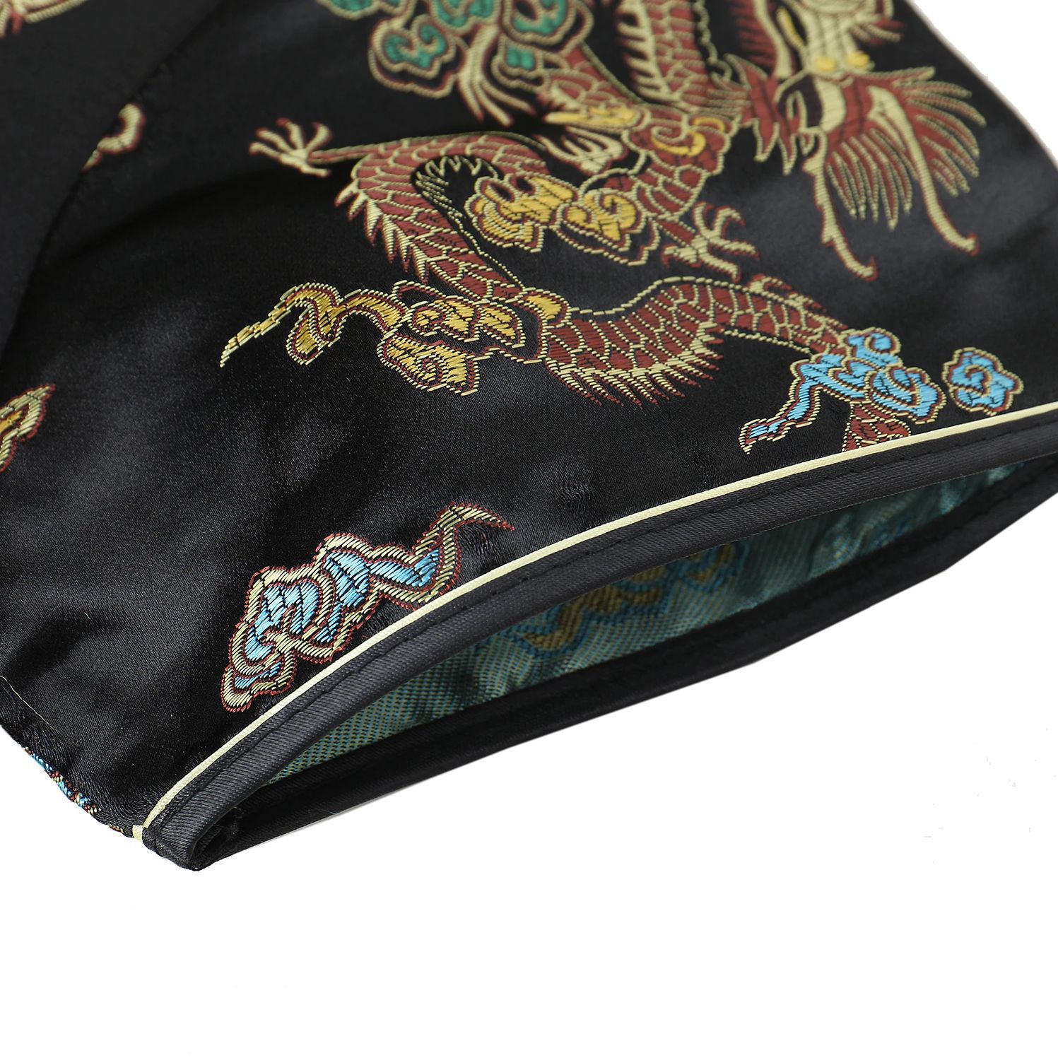 Vestido Chinês Tradicional Longo Preto Estampa Floral Fênix e Dragão