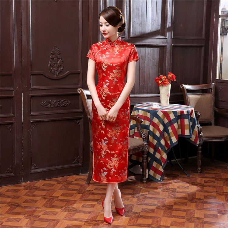 Vestido Chinês Tradicional Longo Vermelho Floral Fênix Dragão