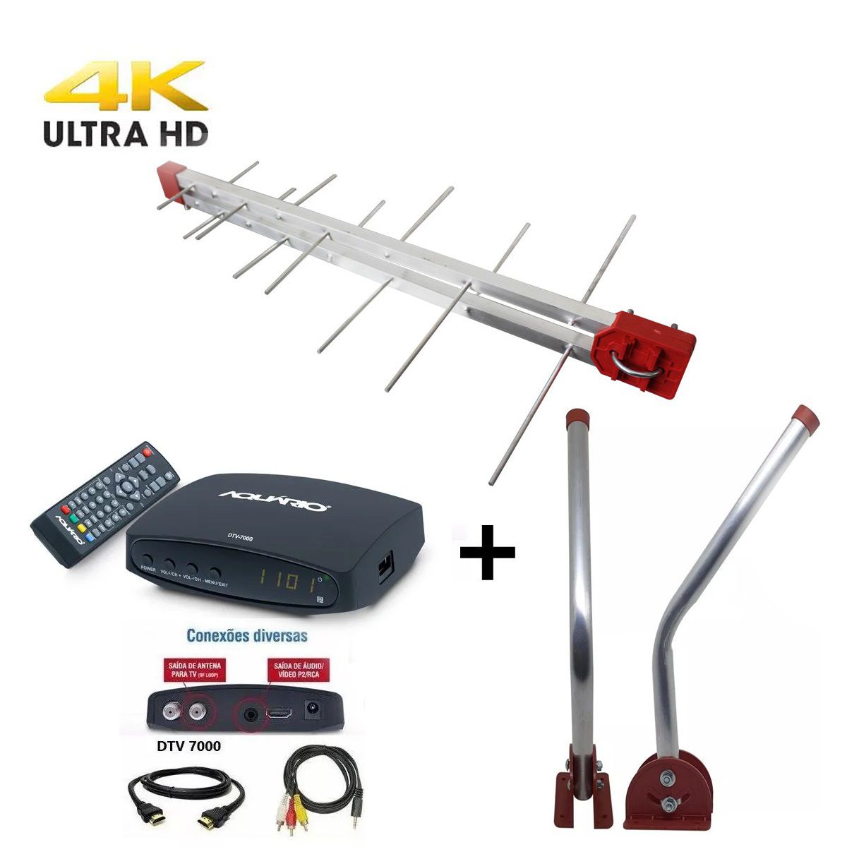 Antena Digital Externa 4K Capte Log 16 Elementos + Conversor e Gravador Digital Aquário DTV 7000S + Mastro de Fixação