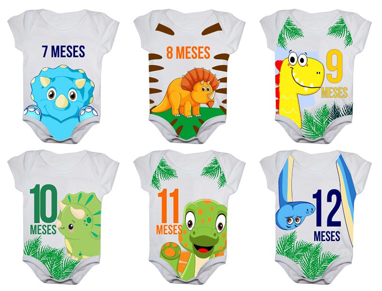 Body de Bebê Mesversario Dinossauros Kit Com 12 Bodies de Neném